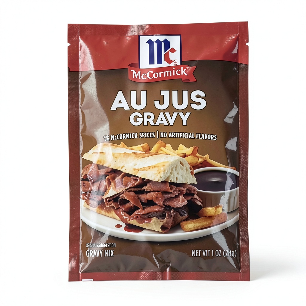 Installing McCormick Au Jus Gravy Seasoning Packets 12 Ounce on a wooden kitchen counter