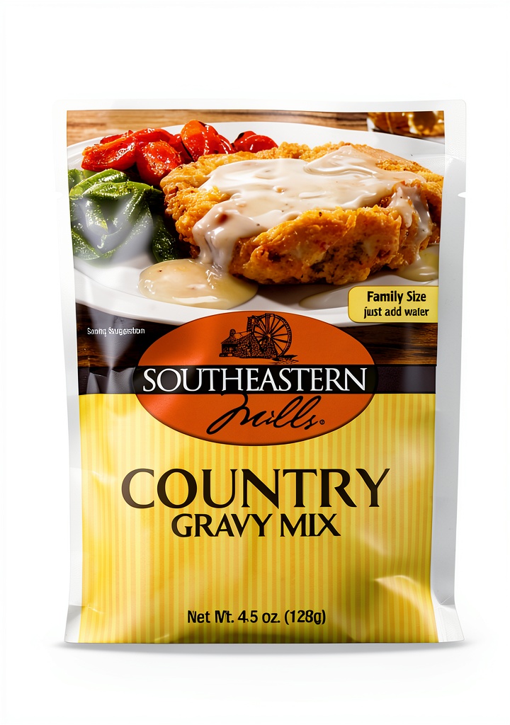 Southeastern Mills Country Gravy Mix packet displayed on a kitchen counter