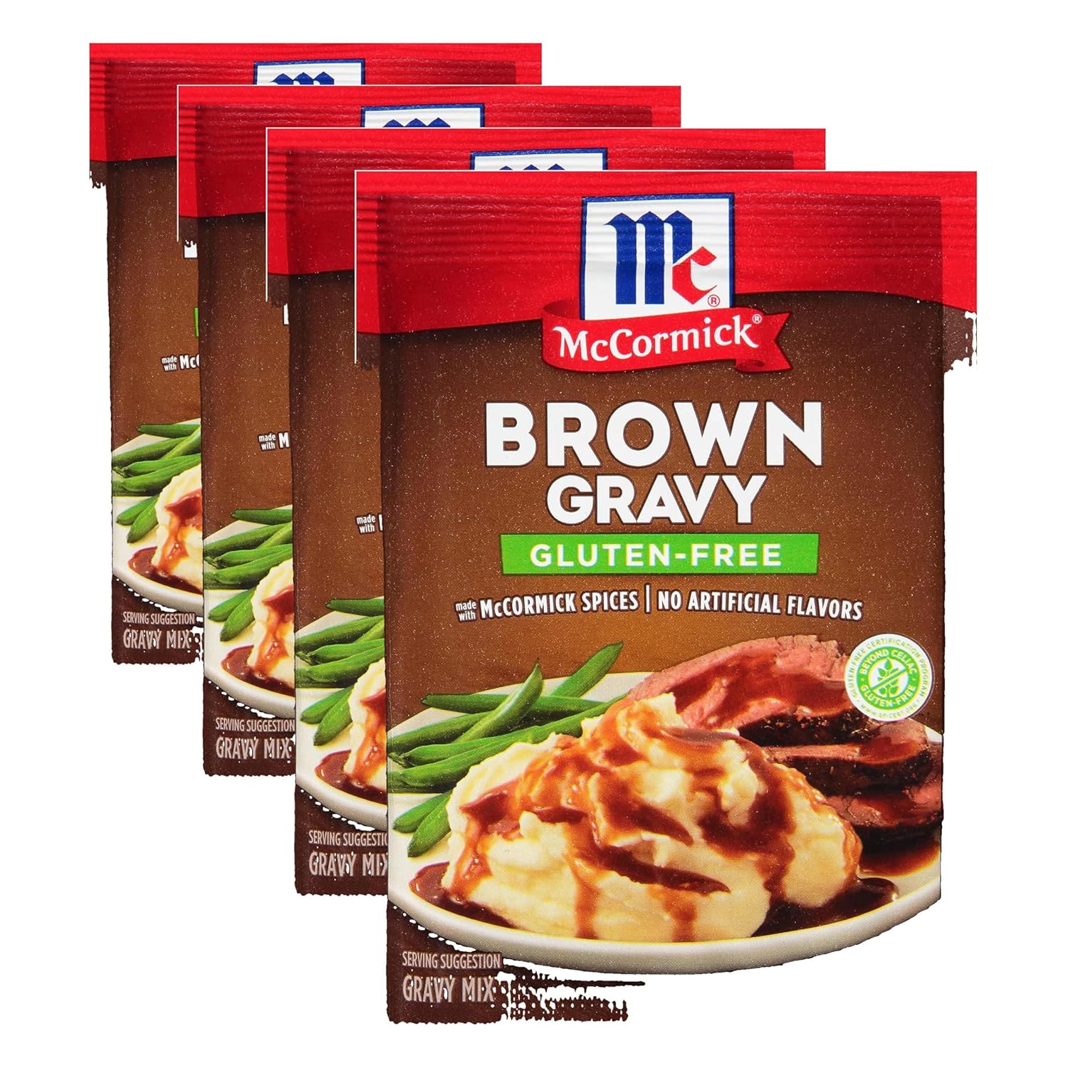 'McCormick Gluten-Free Brown Gravy Mix displayed in a kitchen setting'