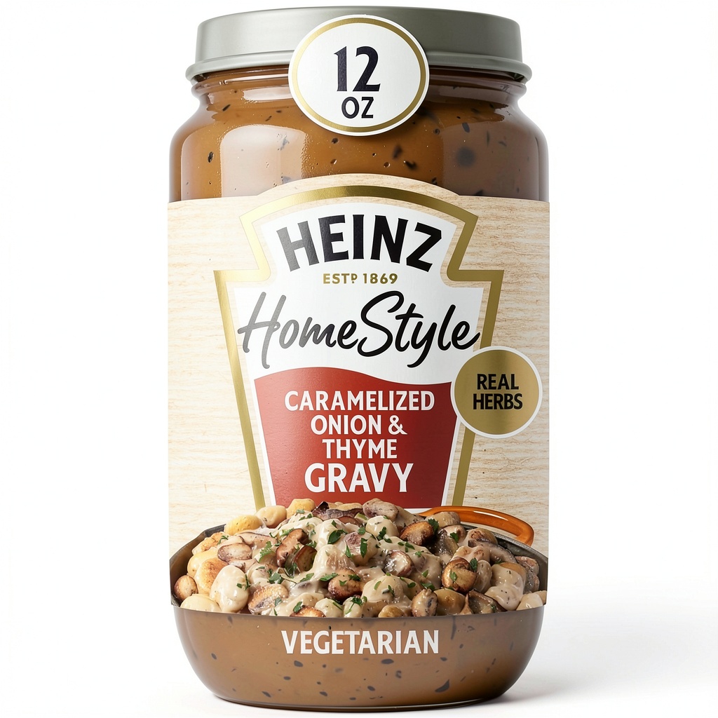 Heinz HomeStyle Gravy jar with caramelized onion and thyme ingredients displayed